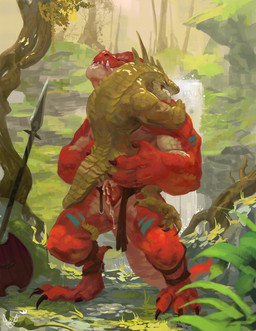 ambiguous_gender ambiguous_penetrated ambiguous_penetration anthro bodily_fluids bottomwear claws clothing cum cum_inside cum_on_ground duo forest genital_fluids genitals grass loincloth male male/ambiguous male_penetrating male_penetrating_ambiguous melee_weapon muscular muscular_male nude outside penetration penis plant polearm sex shield spear tree tribal waterfall weapon neungsonie lizard reptile scalie 2018 digital_media_(artwork) hi_res