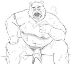 anthro bedroom_eyes belly big_belly bodily_fluids humanoid_hands kemono male mature_male moobs narrowed_eyes navel nipples overweight overweight_male seductive sitting solo sweat towel yamakake bear mammal 2022 monochrome