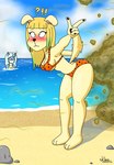 anthro beach bent_over bikini blonde_hair blort blush bodily_noises breasts cleavage clothed clothing different_sound_effects duo ear_piercing embarrassed fart fart_cloud fart_fetish female fur hair onomatopoeia outside partially_submerged pattern_clothing pfft piercing rumbling_stomach sea seaside solo_focus sound_effects spots spotted_clothing surprised_expression swimwear text two-piece_swimsuit vowelless vowelless_sound_effect water wide_eyed yellow_body yellow_fur klovs andrea_(klovs) yuliana_(klovs) canid canine canis domestic_dog mammal hi_res