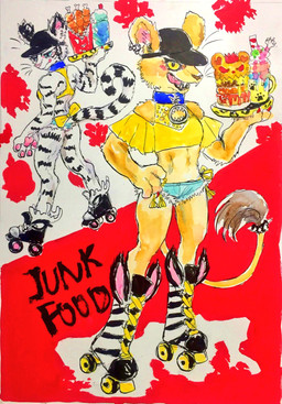 anthro beverage bottomwear clothed clothing collar denim denim_bottomwear denim_clothing denim_shorts duo ear_piercing female food footwear fur hat headgear headwear hotpants leucistic piercing quad_skates roller_skates shorts smile spiked_collar spikes stripes tail text topwear kyokyota felid feline felis lion mammal pantherine 2017 english_text hi_res painting_(artwork) traditional_media_(artwork) watercolor_(artwork)