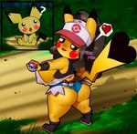 absurd_res anthro anthrofied blush butt chacrawarrior clothed clothing day duo english_text female forest generation_1_pokemon generation_2_pokemon hat headgear headwear hi_res hilda_(pokemon) holding_object holding_pokeball master_ball nintendo open_mouth outside pichu pikachu plant pokeball pokemon pokemon_(species) pokemorph question_mark raised_tail tail text thick_thighs tree yellow_body