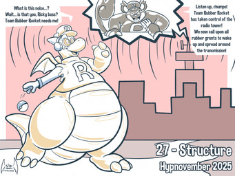 3_fingers anthro dialogue duo feet fingers latex male mind_control overweight overweight_male pokeball radio_tower ringed_eyes simple_background small_wings team_rocket_uniform team_rubber_rocket text toony transformation wings soul-silver-dragon hypnovember2025 nintendo pokemon ricky_the_rattata alolan_form alolan_rattata dragonite generation_1_pokemon generation_7_pokemon pokemon_(species) regional_form_(pokemon) english_text hi_res