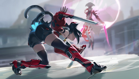 2_tails ambiguous_gender bell bell_collar black_bottomwear black_clothing black_hair black_shorts blurred_background boots bottomwear butt cable_tail clothing collar duo energy_sword energy_weapon female fight footwear glowing glowing_tail hair high_heeled_boots high_heels holding_melee_weapon holding_object holding_sword holding_weapon inner_ear_fluff melee_weapon multi_tail outside rear_view shoes shorts sword tail tuft weapon aragiken asian_mythology east_asian_mythology japanese_mythology mihoyo mythology zenless_zone_zero nekomiya_mana animal_humanoid cat_humanoid ethereal_(zzz) felid felid_humanoid feline feline_humanoid humanoid mammal mammal_humanoid nekomata tailed_humanoid thiren yokai absurd_res digital_drawing_(artwork) digital_media_(artwork) full-length_portrait hi_res portrait