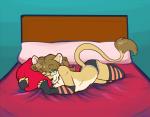 anthro bed clothed clothing crossdressing eyewear femboy furniture glasses legwear looking_at_viewer male simple_background solo stockings spamcat luihu_(socksthesneaky) felid lion mammal pantherine