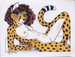 anthro breasts brown_hair ear_piercing female genitals grass hair looking_at_viewer nipples nude piercing plant pussy solo terrie_smith cheetah felid feline mammal 2006 absurd_res hi_res signature traditional_media_(artwork)