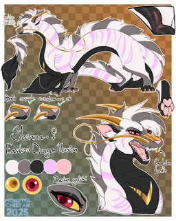 4_toes alternate_species anus claws feet female feral front_view fur genitals hair horn inner_ear_fluff markings open_mouth piercing pink_stripes red_eyes scuted_arms scutes solo standing striped_body striped_fur striped_markings striped_tail stripes tail tail_markings teeth toe_claws toes tongue tongue_piercing tuft vulva whiskers white_body white_fur white_hair white_tail yellow_sclera monstercheetah mythology yeenna_(monstercheetah) dragon mythological_creature mythological_scalie scalie 2025 absurd_res digital_drawing_(artwork) digital_media_(artwork) hi_res model_sheet