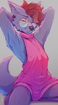 anthro armpit_hair big_ears body_hair brown_hair cheek_tuft clothing eyebrows eyewear facial_tuft fur glasses glowing glowing_body glowing_fur grey_body grey_fur hair hand_behind_head hands_behind_back inner_ear_fluff looking_at_viewer male orange_eyes pink_clothing pink_sweater pink_topwear round_glasses simple_background sitting solo sweater topwear tuft virgin_killer_sweater andre_moraph meme_clothing andre_moraph_(character) canid canine canis mammal wolf 2025 9:16 absurd_res colored digital_drawing_(artwork) digital_media_(artwork) full-length_portrait hi_res meme portrait signature