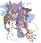 2016 5_fingers anthro big_breasts bracelet breasts canid canine canis chest_tuft cloud dipstick_tail eyebrows eyelashes featureless_breasts female female_anthro fingers fluffy fluffy_tail fur grey_body grey_fur grey_hair hair hi_res japanese_text jewelry kemono long_hair looking_at_viewer mammal markings monokuro naturally_censored navel nipple_tuft nude nude_anthro nude_female open_mouth pawpads plant purple_eyes question_mark sky snout solo standing tail tail_markings teeth text tree tuft white_body white_fur wolf