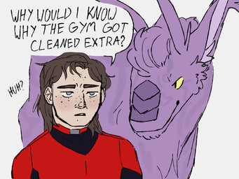 antennae_(anatomy) blue_eyes duo feral fur male mohawk purple_body purple_fur smile smirk snout striped_body stripes text yellow_eyes thathareboy alien human mammal 4:3 headshot_portrait portrait