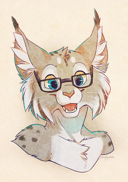anthro blue_eyes cheek_tuft chest_tuft countershading ear_tuft eyewear facial_tuft fangs fluffy fur glasses grey_body grey_fur head_tuft inner_ear_fluff male open_mouth open_smile pink_nose rectangular_glasses simple_background smile solo spots tan_background teeth tongue tuft whiskers white_body white_fur seylyn synx_(synxthelynx) felid feline lynx mammal 2013 bust_portrait portrait signature