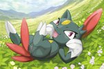 bodily_fluids claws female field flower genital_fluids genitals lube_string lying on_back plant presenting presenting_pussy pussy solo vaginal_fluids hajime_kusajima third-party_edit nintendo pokemon pokemon_tcg generation_2_pokemon pokemon_(species) sneasel