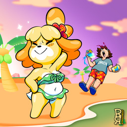 accessory anthro bandeau_bikini beach belly beverage bikini blood blush blush_lines blush_stickers bodily_fluids bottomwear bow_accessory clothing coconut_tree countershade_torso countershading duo exposure_variation facial_markings featureless_feet feet female flip_flops flower flower_in_hair footwear fruit_tree green_bikini green_clothing green_swimwear hair hair_accessory hand_behind_head happy head_markings male male/female markings muzzle_(marking) navel nosebleed outside palm_tree plant polka_dot_bikini pose purple_sky sandals sea self_insert shirt shoes short_hair shorts sky slightly_chubby smile sunset swimwear tail topwear tree two-piece_swimsuit vacation_juice water white_body white_countershading yellow_body randomriot animal_crossing nintendo isabelle_(animal_crossing) canid canine canis domestic_dog human humanoid mammal shih_tzu toy_dog 1:1 2026 hi_res