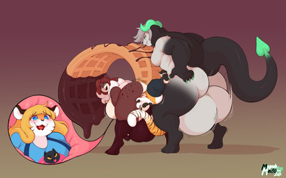 anal anal_vore anthro anthro_on_anthro balls big_balls big_breasts blonde_hair blue_clothing blue_eyes breasts butt candy chocolate clothing dessert food genitals group group_sex gynomorph hair horn huge_balls hyper hyper_balls hyper_genitalia intersex nude sex simple_background smile spade_tail tail threesome vore meganemausu mythology lauri_(nwazet) october_valentine beaver dragon felid food_creature mammal mythological_creature mythological_scalie pantherine rodent scalie tiger 16:10 2022 absurd_res digital_media_(artwork) hi_res widescreen