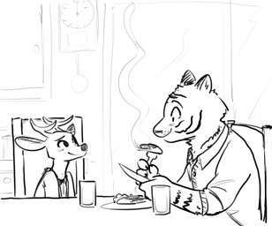 ambiguous_gender anthro antlers blush chair clock clothed clothing container cup cutlery duo eating food fork fur furniture holding_object horn inside kitchen_utensils knife meat plate sitting smile steam striped_body striped_fur stripes table tools fuel_(artist) cameron_(zootopia_fan_character) jamie_(zootopia_fan_character) deer felid mammal pantherine tiger 2019 greyscale hi_res monochrome