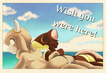 anthro ass_up biped brown_body butt countershade_butt countershading duo horn horn_jewelry horn_ring jewelry looking_at_viewer lying male male_anthro multicolored_body nude on_front postcard ring_(jewelry) sea seaside side_by_side sky smile tail tan_body text water yellow_body skeletronic carl_(skeletronic) tofu_(hornamoo) bovid caprine goat mammal murid murine rat rodent digital_media_(artwork) english_text hi_res trans_(lore) trans_man_(lore)