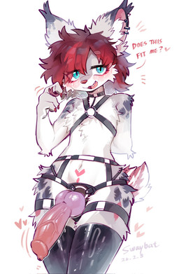 anthro blue_eyes blush choker clothing dildo ear_piercing female fur hair harness inner_ear_fluff jewelry knot knotted_dildo knotted_strapon latex latex_clothing latex_legwear latex_thigh_highs legwear looking_at_viewer necklace piercing red_hair sex_toy simple_background solo strapon tail text thigh_highs tongue tongue_piercing tuft white_body white_fur swaybat swaybat_(oc) bat flying_fox mammal megabat digital_media_(artwork) hi_res