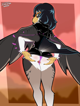 anthro anus beak big_butt black_hair blue_eyes butt clothed clothed_female clothing feathers female gaping gaping_anus grey_body grey_feathers hair looking_at_viewer low-angle_view panties rear_view solo spread_anus spreading thick_thighs topwear underwear wide_hips amazinggwen one_piece nico_robin avian bird 2025 3:4 absurd_res digital_drawing_(artwork) digital_media_(artwork) hi_res