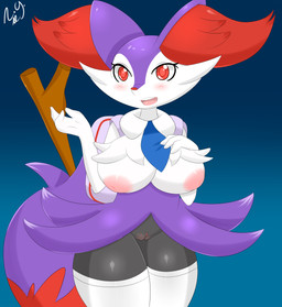 anthro backpack blush breasts clothing female genitals happy inner_ear_fluff legwear necktie nipples open_mouth red_eyes solo stick stockings thigh_highs tuft vulva sblueicecream nintendo pokemon braixen canid canine generation_6_pokemon mammal pokemon_(species) shiny_pokemon hi_res