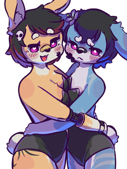 accessory anthro band-aid band-aid_on_face bandage bandage_on_face black_hair blue_body blue_fur blush breasts bunny_costume clothing costume cybernetic_arm cybernetic_limb duo female femboy flower flower_in_hair frown fur hair hair_accessory hands_on_hips highlights_(coloring) hug hugging_another looking_at_viewer male male/female markings orange_body orange_fur plant purple_eyes shy simple_background smile standing striped_markings stripes tail white_background unknown_artist maxie_(maxkore) riley_(maxkore) lagomorph leporid mammal rabbit 2025 3:4 digital_drawing_(artwork) digital_media_(artwork) hi_res
