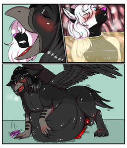 abdominal_bulge anthro bulge burping burping_up_object digestion digestion_implied digestive_juice duo male oral_vore vore mythology duane_(iwanttodie) glitchfemboy avian deer gryphon mammal mythological_avian mythological_creature absurd_res hi_res