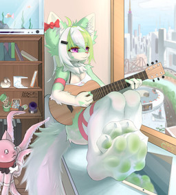 4_toes acoustic_guitar anthro barefoot bedroom bow_ribbon chest_tuft claws clothing feet female foot_focus footwear fur green_body green_fur green_pawpads guitar inner_ear_fluff legwear musical_instrument nails pawpads paws plucked_string_instrument reflection shelf shirt sitting socks soles solo stockings string_instrument thigh_highs thigh_socks toe_claws toes topwear translucent translucent_clothing translucent_legwear tuft white_clothing white_footwear white_legwear white_socks white_stockings white_thigh_highs white_thigh_socks window nrpwccold221 canie canid canine fox mammal absurd_res hi_res