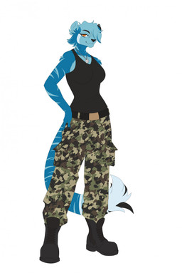 anthro belt belt_buckle bent_arm black_belt black_boots black_claws black_clothing black_eyebrows black_footwear black_nose black_shirt black_tank_top black_topwear blue_body blue_fur blue_hair blue_stripes boots bottomwear breasts buckle camo camo_bottomwear camo_clothing camo_pants camo_print claws clothed clothed_anthro clothed_female clothing dog_tags eyebrows female finger_claws footwear fully_clothed fully_clothed_anthro fully_clothed_female fur green_bottomwear green_clothing green_pants hair hair_over_eye hand_on_hip hand_on_own_hip jewelry long_tail medium_breasts medium_hair multicolored_body multicolored_fur multicolored_tail necklace no_pupils orange_eyes pants pattern_bottomwear pattern_clothing pattern_pants pockets shirt shoes simple_background smile smiling_at_viewer solo standing stripes tail tank_top topwear white_background elcastorblanco felid feline mammal 2024 digital_drawing_(artwork) digital_media_(artwork) english_description flat_colors full-length_portrait hi_res portrait