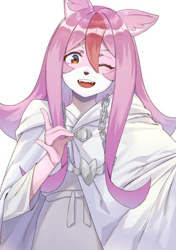 anthro black_nose clothed clothing female fingers fox_hand_gesture fur gesture hair long_hair one_eye_closed pink_body pink_fur pink_hair simple_background white_background white_body white_fur wink lizzy_imo brand_new_animal studio_trigger nazuna_hiwatashi canid canine fox mammal 2020 hi_res