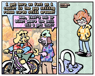 2_panel_comic aloha_shirt beanie bicycle border bottomwear brown_hair cheek_spots clothing dialogue eyewear flip_flops floppy_ears footwear fur group hair hat headgear headwear hoodie humor pattern_clothing pattern_shirt pattern_topwear purple_body purple_fur sandals shirt shoes shorts speech_bubble sunglasses text topwear trio vehicle white_border wide_eyed yellow_body yellow_fur rawdawgcomics owlturd shen_(owlturd) stahli_(rawdawgcomics) bird_dog canid canine canis domestic_dog golden_retriever human hunting_dog mammal retriever 5:4 adversarial_noise comic english_text