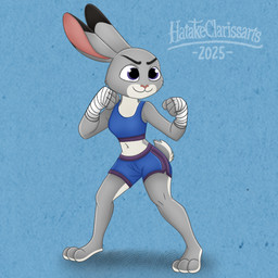 3_toes 4_fingers anthro bandage bandaged_arm barefoot blue_bottomwear blue_bra blue_clothing blue_shorts blue_underwear bottomwear bra clothed clothed_female clothing countershading exercise feet female fighting_pose fingers fur grey_body grey_fur pose shorts solo sports_bra standing tail text toes underwear white_body white_countershading hatakeclarissarts disney zootopia judy_hopps european_rabbit lagomorph leporid mammal oryctolagus rabbit 1:1 2025 artist_name digital_media_(artwork) pinup