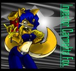 anthro blue_hair breasts clothing female gloves gun hair handwear ranged_weapon simple_background solo text weapon virus-20 sly_cooper_(series) sony_corporation sony_interactive_entertainment sucker_punch_productions carmelita_fox canid canine fox mammal 2007