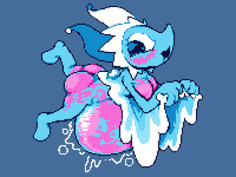 after_vore belly big_belly blue_background blue_body butt clothing duo female hat headgear headwear overweight simple_background vore water miner_mate_coffee deltarune undertale_(series) darkner elemental_creature mizzle_(deltarune) water_creature 2026 4:3 hi_res