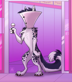 anthro building candy chest_tuft claws cone cone_of_shame dessert door ears_up female food fur holding_candy holding_food holding_lollipop holding_object lollipop long_tail markings medical_instrument obscured_face obscured_head open_door scientific_instrument sliding_door solo spots spotted_body spotted_fur standing tail tuft upset vaccination vaccine white_body white_fur conditional_dnp tani_da_real hellaverse helluva_boss tanidareal_(character) canid canine canis felid feline hybrid mammal pantherine snow_leopard wolf hi_res