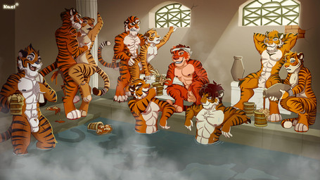 4_toes 5_fingers abs alcohol amber_eyes ambiguous_gender anal anal_penetration animal_genitalia anklet anthro anthro_on_anthro anthro_penetrated anthro_penetrating anthro_penetrating_anthro athletic balls bath beer beverage biceps biped black_stripes blue_eyes bracelet brown_claws brown_eyes brown_hair brown_nose brown_stripes butt cheek_tuft chest_tuft claws clenched_teeth countershading digitigrade ear_piercing eyes_closed facial_tuft feet femboy fingers fully_sheathed fur genitals green_eyes grey_eyes grey_nipples grey_nose grin group hair half-closed_eyes hands_behind_head inside jewelry kneeling long_tail male male/ambiguous male/male male_penetrated male_penetrating mohawk muscular narrowed_eyes nipples nude one_eye_closed open_mouth orange_body orange_eyes orange_fur pecs penetration penis penis_tip piercing pink_nipples pink_nose pubes public relaxing sex sheath sitting smile standing striped_body striped_fur stripes tail tan_balls tan_body tan_countershading tan_fur teeth toe_claws toes towel tuft water wet white_balls white_body white_countershading white_fur window kael_tiger felid mammal pantherine tiger 16:9 2017 widescreen