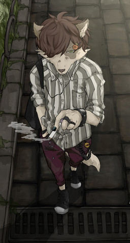 anthro backpack biped bird's-eye_view brown_hair cigarette clothed clothing detailed_background footwear grate hair high-angle_view male outside shoes smoke smoking solo tail toony walking mii_(artist) canid canine fox mammal detailed