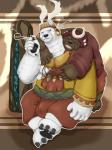 anthro arm_around_shoulders brown_body brown_fur bulge clothed clothing duo eyes_closed fur hug male overweight overweight_male sitting white_body white_fur x08201214 sdorica crushfang_(sdorica_sunset) dagger_(sdorica_sunset) bear mammal polar_bear ursine 2018 3:4 hi_res