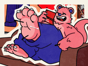 4_toes anthro blue_bottomwear blue_clothing blue_inner_ear blue_nose blue_pants bottomwear brown_sofa claws clothed clothing cotton_swab eyes_closed feet finger_claws foot_fetish foot_focus fur furniture male on_sofa open_mouth open_smile pants pants_only pink_body pink_fur red_tongue sitting sitting_on_sofa smile sofa solo tail teeth tickle_fetish tickling tickling_feet toe_claws toes tongue topless topless_anthro topless_male patugh nintendo nintendo_3ds nintendo_ds_family bear mammal 4:3 hi_res