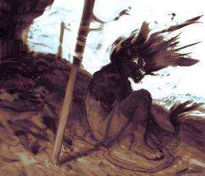 anthro bent_legs biped bleak_ambiance cave desolate detailed_background flowing_hair hair holding_own_tail holding_tail male male_anthro nude nude_anthro nude_male painterly plantigrade side_view sitting solo tail wind jonathanvair felid lion mammal pantherine 2011 adobe_photoshop_(artwork) digital_media_(artwork)