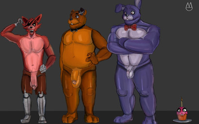 anthro balls big_balls big_penis blue_body blue_fur bow_tie bow_tie_only brown_body brown_fur comparing comparing_penis eye_patch eyewear fur genitals grey_background group machine male mostly_nude nude penis purple_body red_body red_fur simple_background slightly_chubby slightly_chubby_male trio moonydoony five_nights_at_freddy's scottgames bonnie_(fnaf) cupcake_(fnaf) foxy_(fnaf) freddy_(fnaf) animatronic bear canid canine fox lagomorph leporid mammal rabbit robot 2026 digital_drawing_(artwork) digital_media_(artwork) hi_res