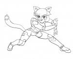 action_pose anthro armor body_armor clothed clothing dipstick_tail ear_tuft female front_view hair inner_ear_fluff markings multicolored_tail pose short_hair smile solo spread_legs spreading tail tail_markings tuft professormegaman fighting_foodons clawdia_dia domestic_cat felid feline felis mammal black_and_white digital_media_(artwork) monochrome