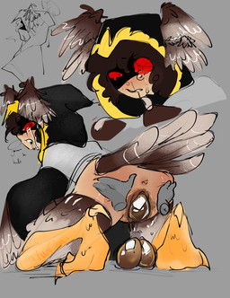 andromorph anus bodily_fluids brown_body brown_feathers brown_hair crossgender curly_hair duo egg feathers feet genital_fluids grey_background grey_body grey_skin hair hand_on_butt hooded_cloak intersex kneeling light_body light_skin moan mta_crossgender mti_crossgender oviposition red_eyes simple_background solo solo_focus tail tail_feathers talons tears tears_of_pleasure toes vaginal_fluids vaginal_oviposition winged_arms wings kunislugs forsaken_(roblox) roblox telamon animal_humanoid avian avian_humanoid bird_humanoid demigod humanoid hi_res
