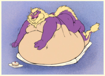 beard belly big_belly bloated cake dessert facial_hair fluffy fluffy_tail flustered food huge_belly hyper hyper_belly immobile male obese overweight purple_body reaching_for_object solo tail fatback_hog mythology gadzooks dragon eastern_dragon mythological_creature mythological_scalie scalie hi_res