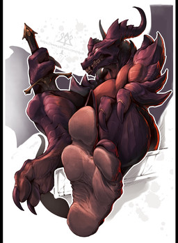 anthro claws feet foot_focus horn male melee_weapon nude red_body scales soles solo sword teeth toes weapon kredri demon