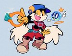 4_fingers anthro belt black_body black_fur blue_background clothing duo fangs fingers footwear fur gloves handwear happy looking_at_viewer male open_mouth simple_background teeth yellow_clothing yellow_eyes yellow_gloves yellow_handwear lumspark bandai_namco klonoa_(series) pac-man_(series) huepow klonoa pac-man domestic_cat felid feline felis mammal sphere_creature spirit 2022