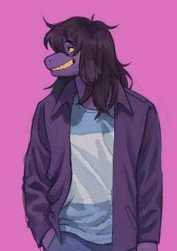 anthro bottomwear clothed clothing female hair jacket open_clothing open_jacket open_topwear pants purple_body shirt simple_background smile solo standing teeth topwear nyeong deltarune undertale_(series) susie_(deltarune) mammal reptile scalie digital_media_(artwork) hi_res