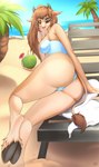 anthro arm_support bangs beach beach_chair beverage biped blue_clothing blue_one-piece_swimsuit blue_sky blue_swimwear breasts brown_hair brown_tail_tuft butt clothed clothing cloven_hooves cocktail_garnish cocktail_umbrella coconut coconut_drink day detailed_background drinking_straw drupe_(fruit) eyebrow_through_hair eyebrows eyelashes eyewear female food fruit fur grey_eyes hair holding_beverage holding_object hooves horn lips long_hair looking_at_viewer one-piece_swimsuit outside palm_tree pink_inner_ear pink_lips pink_nose plant sand sea sky solo sunglasses swimwear tail tail_tuft tan_body tan_fur towel translucent translucent_hair tree tuft water wearing_sunglasses v3nusbby bovid bovine cattle mammal 2024 absurd_res digital_media_(artwork) hi_res shaded