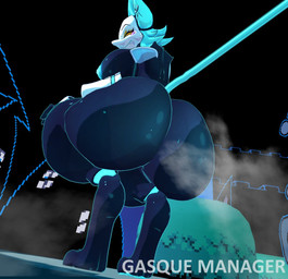 anthro areola big_butt black_body blue_areola blue_hair blue_nipples blue_tail butt crouching fart fart_cloud fart_fetish female grin hair huge_butt looking_at_viewer looking_back looking_back_at_viewer machine multicolored_body nipples nude smile solo tail text thick_thighs white_body wide_hips yellow_eyes gasquemanager cryptiacurves_(modeler) deltarune undertale_(series) tasque_manager felid feline mammal robot 2026 3d_(artwork) artist_name digital_media_(artwork)