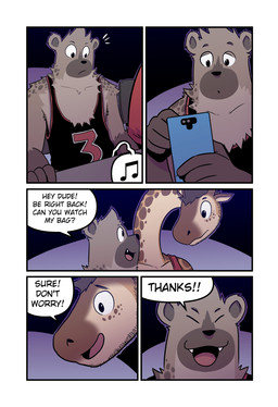 anthro asking_for_favor black_clothing black_shirt black_topwear brown_body brown_fur brown_hair cellphone chair clothing cute_fangs dialogue duo electronics eye_contact fangs five_frame_image fur furniture hair happy holding_cellphone holding_object holding_phone long_neck looking_at_another looking_at_cellphone looking_at_object looking_at_phone male musical_note musical_symbol noticing open_mouth open_smile phone red_clothing red_shirt red_topwear shirt smile speech_bubble symbol talking_to_another teeth text thanking topwear yellow_body t0l0k andrew_(t0l0k) carlos_(t0l0k) giraffe giraffid hyena mammal comic english_text hi_res