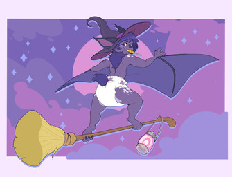 anthro broom broom_riding candy cleaning_tool clothed clothing dessert diaper female flying flying_broom food hat headgear headwear lamp lantern lollipop looking_at_viewer magic_user night sky smile star wearing_diaper winged_arms wings witch witch_hat bubblepuppers aurora_the_bat bat mammal hi_res