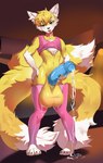 anthro balls big_balls big_penis blue_eyes blue_penis bodily_fluids chest_tuft choker claws clothing crop_top curvy_figure digitigrade excessive_genital_fluids excessive_precum femboy fluffy_ears foreskin genital_fluids genitals hair half-closed_eyes hand_on_hip heart_nose heart_symbol holding_penis huge_balls huge_penis jewelry knock-kneed leaking_precum legwear male narrowed_eyes necklace penis pink_choker pink_clothing pink_crop_top pink_jewelry pink_legwear pink_necklace pink_shirt pink_thigh_highs pink_topwear precum precum_on_hand precum_on_penis precum_pool shirt short_hair slim smug smug_face solo squish sweat sweatdrop sweaty_balls sweaty_genitalia thigh_highs thigh_squish tongue tongue_out topwear tuft whiskers yellow_balls karamsina akatosh canid canine fox mammal absurd_res full-length_portrait hi_res huge_filesize portrait
