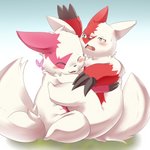 ambiguous_gender blush duo eyes_closed gradient_background hug open_mouth simple_background sitting smile tail okunawa nintendo pokemon generation_3_pokemon pokemon_(species) zangoose 1:1 2016 hi_res